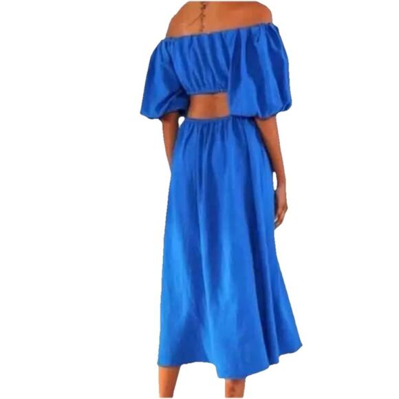 FARM RIO Linen Dress Med Blue Cut Out Off Shoulder Boho Artsy Coastal Nautical - Picture 5 of 16